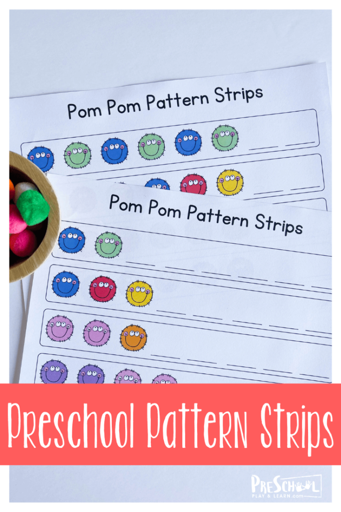 These simple print and go preschool pattern worksheets are fabulous for learning to complete a pattern. We are taking our math worksheet and adding a hands-on element. Use this pattern activities for kindergarten, preschool, pre-k, and toddler age students. Your child will love creating and completing patterns using pom poms. Simply print Pattern Strips pdf file and gather a handful of pompoms and you are ready for this fun math activities for preschoolers.