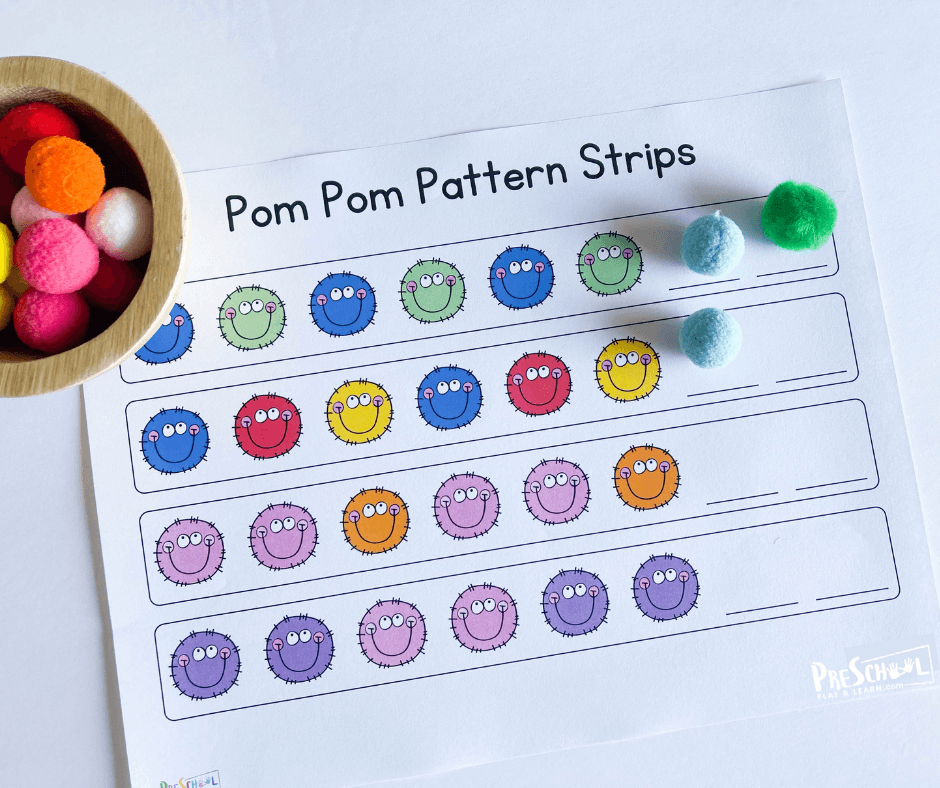 All you need for this fun pattern activity are the printable pattern strips and pom poms