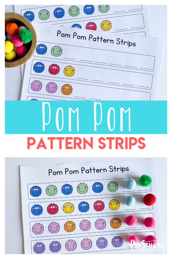 These simple print and go preschool pattern worksheets are fabulous for learning to complete a pattern. We are taking our math worksheet and adding a hands-on element. Use this pattern activities for kindergarten, preschool, pre-k, and toddler age students. Your child will love creating and completing patterns using pom poms. Simply print Pattern Strips pdf file and gather a handful of pompoms and you are ready for this fun math activities for preschoolers.