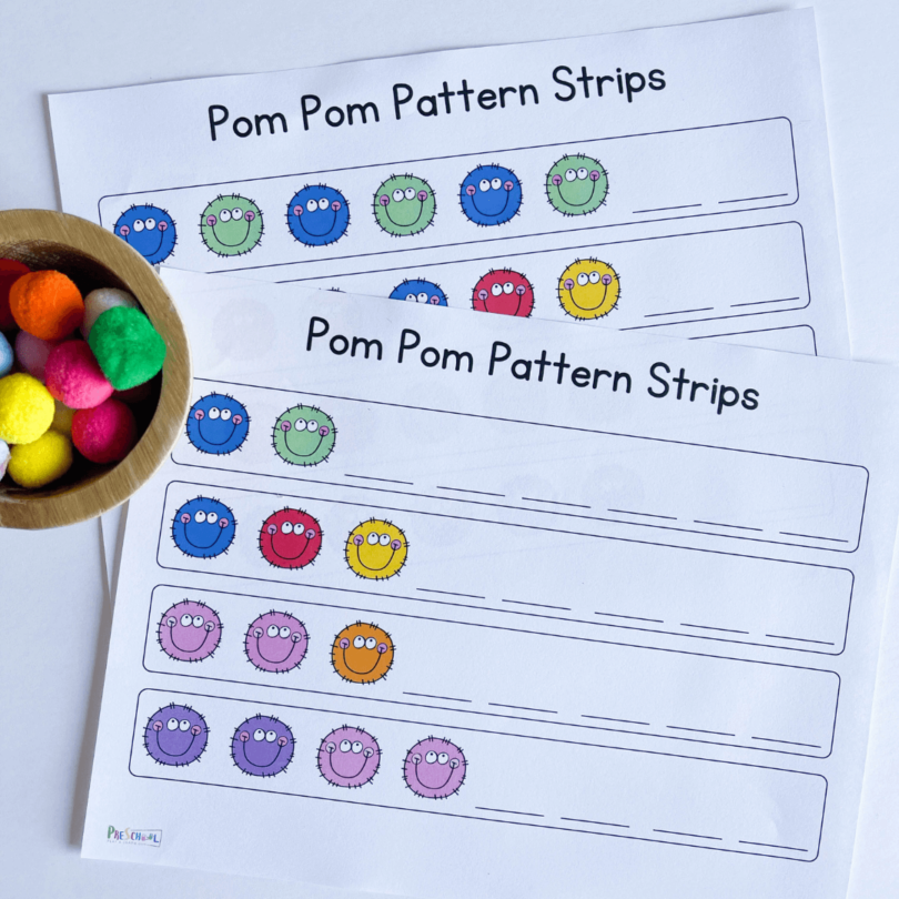 FREE Printable Pom Pom Pattern Strips Activity for Preschoolers