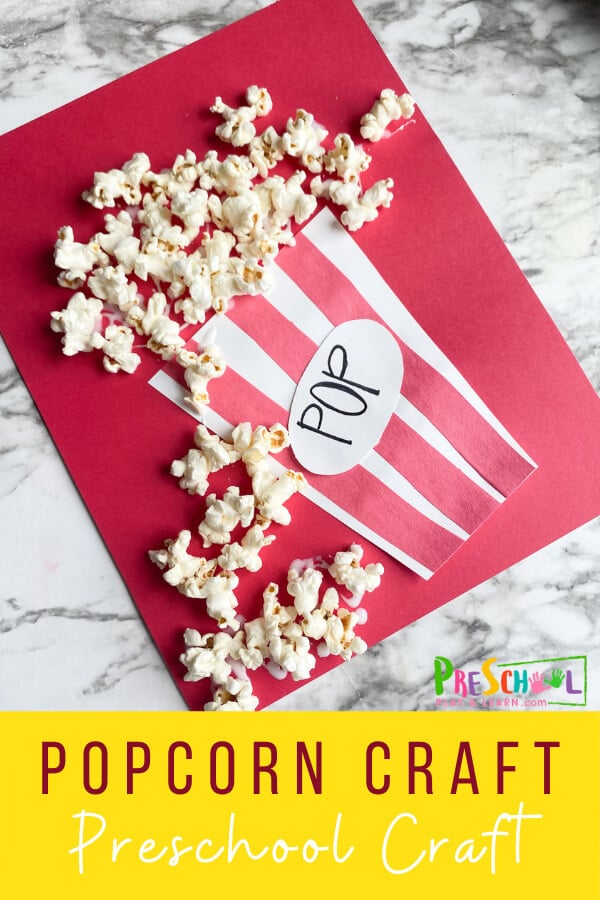 Popcorn is not only fun to eat, but makes a fun, inexpensive material to make cute crafts for kids. This adorable popcorn craft is not only fun to make, but perfect for celebrating National Popcorn Day on January 19th. So pop a bown of popcorn, make this cute preschool popcorn craft, and then watch a movie while you eat the leftover supplies. This is a fun craft for preshool, toddler, kindergarten, pre-k, and first grade students.