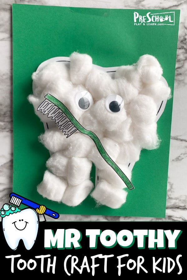 Learn about your teeth for Dental Health Month in February with these super cute and easy-to-make Tooth craft. This dental craft  is made of cotton balls and a few extra dental printables to make this Mr. Toothy Cotton Ball Craft. My kids loved making it and your toddler, preschool, pre-k, kindergarten, and first grader will too!