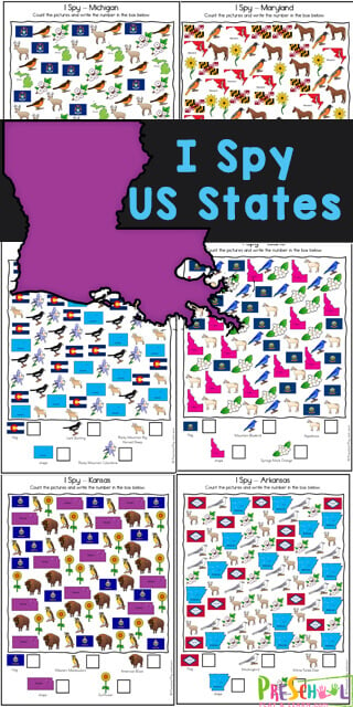 Young children will love learning about the fifty states of the United States of America, while working on their counting skills, with these super cute, free printable I spy worksheets. There are 50 i spy printables for toddler, preschool, pre-k, kindergarten, first grade, and 2nd grade students to complete while learning about United states for kids.  Using these I Spy Printable Worksheets children will love learning about USA for kids and famous landmarks and icons for each state. Simply download pdf file with i spy free printables and you are ready to play and learn!