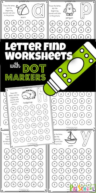 Kids will have fun practicing finding the lowercase alphabet letters with these letter find worksheets . This pack of find the letter worksheet pages require no prep and are a great way to work on visual discrimination. Plus this abc printable uses bingo markers which makes it extra fun for kids! We just love do a dot printables to keep preschool, pre-k, and kindergarten age kids engaged and eater to practice letter recognition. Simply print pdf file with find the letter worksheet pages and you are ready to go!
