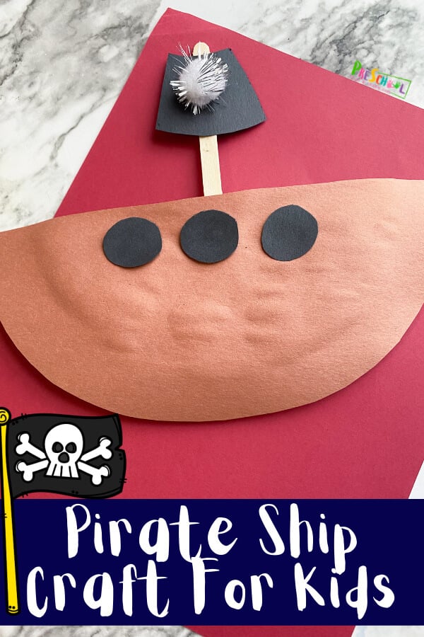 Whether you are celebrating pirate day on September 19, adding it to a pirate theme, or just expaning on a topic your child loves, this cute Pirate Ship Craft is sure to be a hit! Your child will love personalizing their paper pirate ship!  Use this pirate craft for preschoolers with toddler, preschool, pre-k, kindergarten, and first grade students. 
