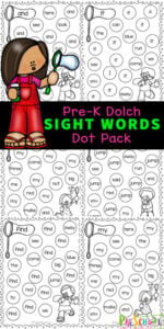This super cute Preschool Sight Word Worksheet makes practicing sight words fun with an engaging activity using dot markers! This pre k sight words printable is perfect for preschoolers and kindergarteners will love this fun, free and no-prep Dolch Sight Words Pack that uses do a dot printables. Kids will have fun strengthening fine motor skills and literacy skills with these free sight word dot mats. Simply download pdf file with preschool sight words printable and you are ready to play and learn!