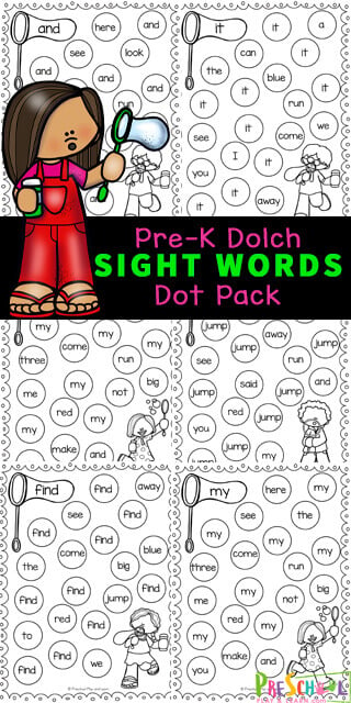 This super cute Preschool Sight Word Worksheet makes practicing sight words fun with an engaging activity using dot markers! This pre k sight words printable is perfect for preschoolers and kindergarteners will love this fun, free and no-prep Dolch Sight Words Pack that uses do a dot printables. Kids will have fun strengthening fine motor skills and literacy skills with these free sight word dot mats. Simply print pdf file with preschool sight words printable and you are ready to play and learn!