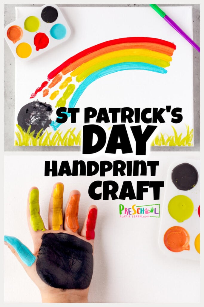 Are you ready for St Patricks Day?  This March holiday can sometimes sneak up on us, but it is a fun time to make cute leprechaun, shamrock, and rainbow crafts and activities! This adorable St Patricks Day Handprint Craft is such a fun art project to try! This St Patrick's Day arts and crafts is perfect for toddler, preschool, pre-k, kindegarten, and first grade kids. I love project that use children's precious hands and this St Patricks Day art makes a precious keepsake you will treasure for years!