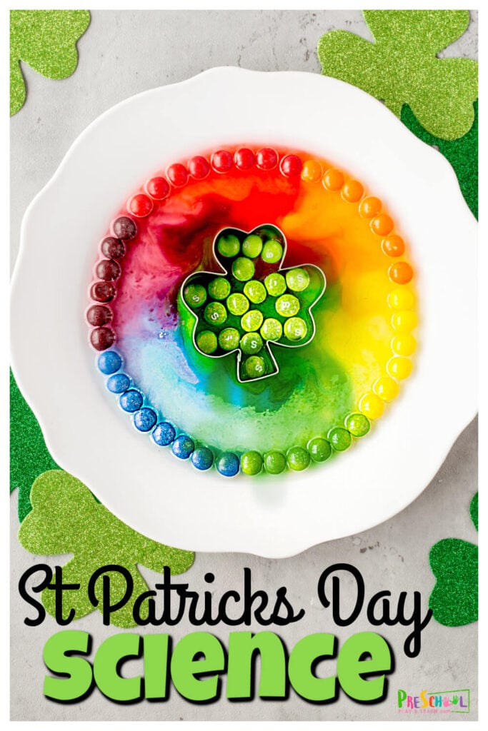 Impress your kids with this pretty rainbow science experiment that is not only educational, but really fun too. This st patricks day science is perfect for toddler, preschool, pre-k, kindergarten, and first grade students. As it only requires a couple simple materials, you can try this st patricks day activity when you only have 5 minutes for a quick st patricks day activity for preschoolers!