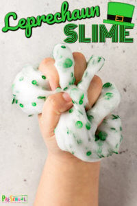 Kids can't wait to get their hands on this St Patricks Day Slime - it is a fun st patricks day activity! Whip up a batch of this EASY clear slime recipe with green sequins that is so EPIC to play with. Use this  st patrick's day activities for toddlers, preschoolers, kindergartners, and grade 1 students! 