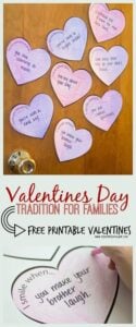Celebrate valentines day for families with this fun Valentines Day tradition we do at our house. For this family valentines day ideas, we put hearts on each others bedroom doors to tell them what we love about them. Simply print the pdf file with our free valentines day printable hearts and start a new tradition with your kids this year with this sweet valentines day activities.  This valentine activities for preschoolers is great for the whole family from toddler, preschool, pre-k, kindergarten, first grade, 2nd grade, elementary age students, jr jigh, and sr high too.