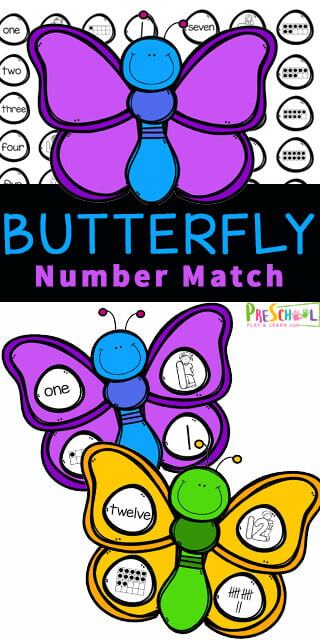 Toddler, preschool, prek, and kindergarten age kids will love this fun, and free Butterfly Number Match Activity. Kids will have fun strengthening counting skills and fine motor skills with the butterfly activity for preschoolers. This number sense activity focuses on the value and representation of numbers 1 to 10. Simply print pdf file with butterfly printable and you are ready to play and learn with this preschool butterfly activities. 