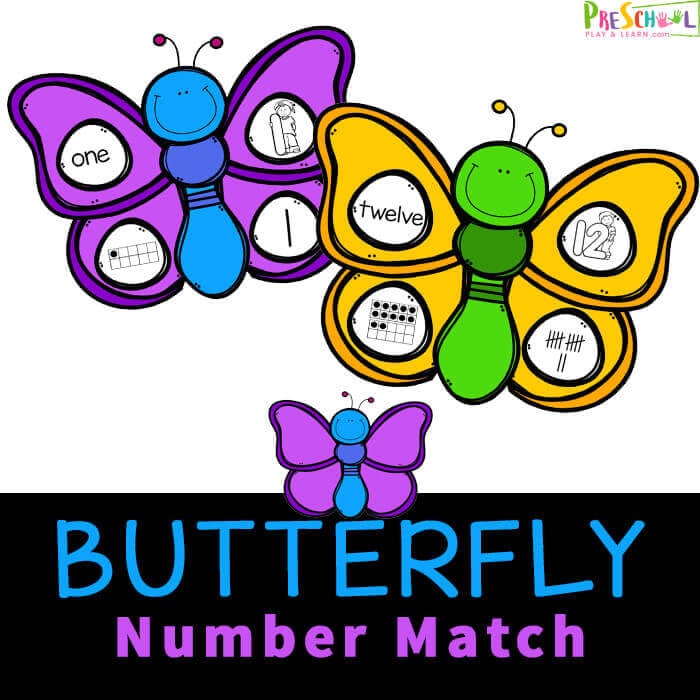 Toddler, preschool, prek, and kindergarten age kids will love this fun, and free Butterfly Number Match Activity. Kids will have fun strengthening counting skills and fine motor skills with the butterfly activity for preschoolers. This number sense activity focuses on the value and representation of numbers 1 to 10. Simply download pdf file with butterfly printable and you are ready to play and learn with this preschool butterfly activities. 