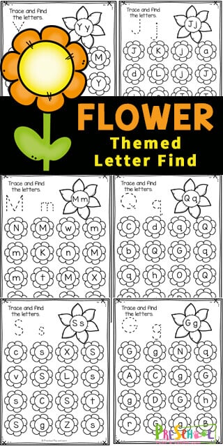 Kids will have fun practicing letter recognition with these pretty flower worksheets. These letter find worksheets are a fun way for preschool, pre-k, and kindergarten age children to practice recognizing uppercase and lowercase alphabet letters. The preschool flower worksheets are NO PREP and perfect for a flower theme or spring theme at home or in the classroom. Simply print pdf file with spring worksheets for preschoolers and you are ready to play and learn with this dot marker printables.  