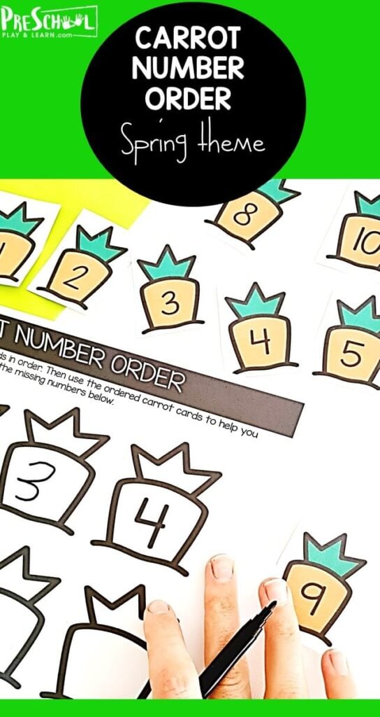 Work on What Numbers Comes Next with this super cute, spring carrot themed number order activity. If your preschool, pre-k, or kindergarten age child is working on number order, you will love this fun spring activity for preschoolers! This counting 1-20 activity is a great way to help kids master those teen numbers and get ready for counting higher. Simply print pdf file with counting to 20 worksheets and you are ready to play and learn!