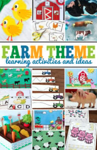 Learn all about farms with this delightful week-long, educational farm theme. These Farm Activities will make practiceing a variety of skills fun while learning about life on the farm. Pick your favorite farm activities for kids including farm math, farm literacy printables, farm science projects, farm social studies ideas, and farm crafts to have a marvelous week learning with your kids! This life on the farm theme filled with barnyard animals is perfect for preschool, pre-k, kindergarten, first grade, 2nd grade, and 3rd grade students.