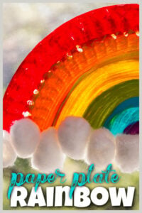 Celebrate the arrival of spring with a pretty Paper Plate Rainbow project! This easy rainbow craft for preschoolers uses a fun pom pom painitng technique to work on color recognition, fine motor skills, and more whiel creating a beautiful rainbow art and craft! Use this rainbow craft preschool, toddler, pre-k, kindergarten, and first graders as a spring craft for preschoolers or a st patricks day craft. Either way, add this to your rainbow craft ideas for a really pretty project your kids can do themselves!