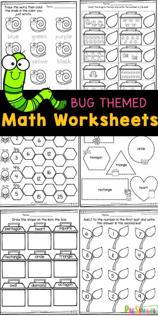 Kids will be excited to practice math with a fun bug theme twist! These preschool math worksheets are filled with cute bugs to help preschoolers, toddlers, and kindergartners practice numbers, counting, shapes, colors, shape discrimination, missing numbers adding 2, and more. Add these pre-k math worksheets to your spring theme or as summer learning to avoid the summer learning loss. Simply print pdf file with bug worksheets for preschoolers and you are ready to play and learn!