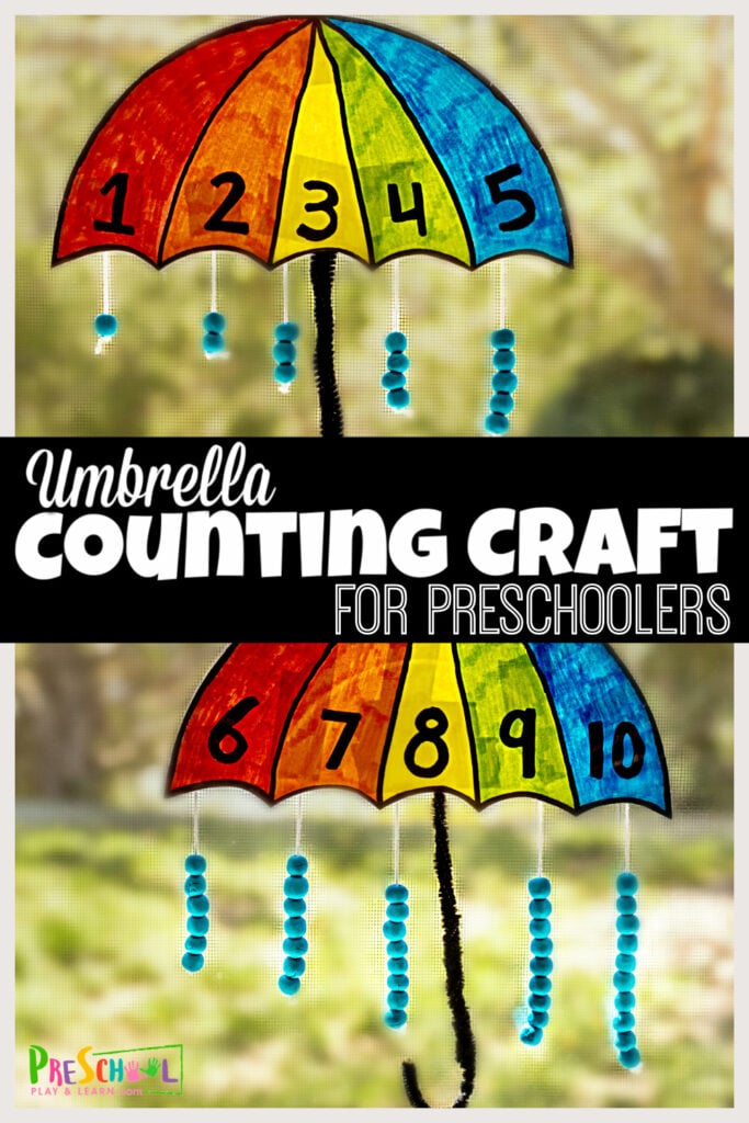 Spring is the perfect time to make cute counting crafts for preschoolers! This umbrella craft helps preschool, pre-k, and kindergarten age children practice counting while making and adorable umbrella craft. Use number crafts for preschoolers in your spring theme to make practicing numbers 1-10 fun and engaging. 