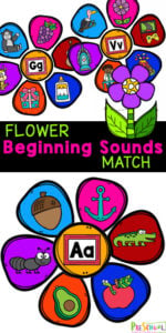 This super cute, free printable flower activity for preschoolers is a great way for preschool, pre-k, and kindergarten age students to practice their alphabet letters and the sounds they make. In this Beginning Sounds Activity, kids will sort the flower petals onto the correct flowers based on the beginning sound of the image on the petal. This initial sounds game is lots of fun and great practice too. Simply print pdf file with beginning sounds games and you are ready to improve literacy skills while completing this fun activity.