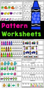 Help your toddler, preschool, pre-k, and kindergarten age child practice patterns with these super cute, pattern worksheets. These no prep pre-k pattern worksheets make it quick and easy for children to work on completing patterns. Simply download pdf filewith pattern worksheets for preschoolers  and have fun learning about patterns while working on their colors, shapes and fine motor skills.