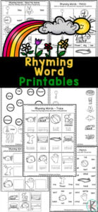 These super cute, free printable rhyming words worksheets are a great way to improve literacy and reading skills! SImply print the no-prep rhyming words worksheets for kindergartners, preschoolers, and grade 1 students. With these Kindergarten rhyming worksheets, young children will learn about 12 different sets of rhyming words through fun printable worksheets.