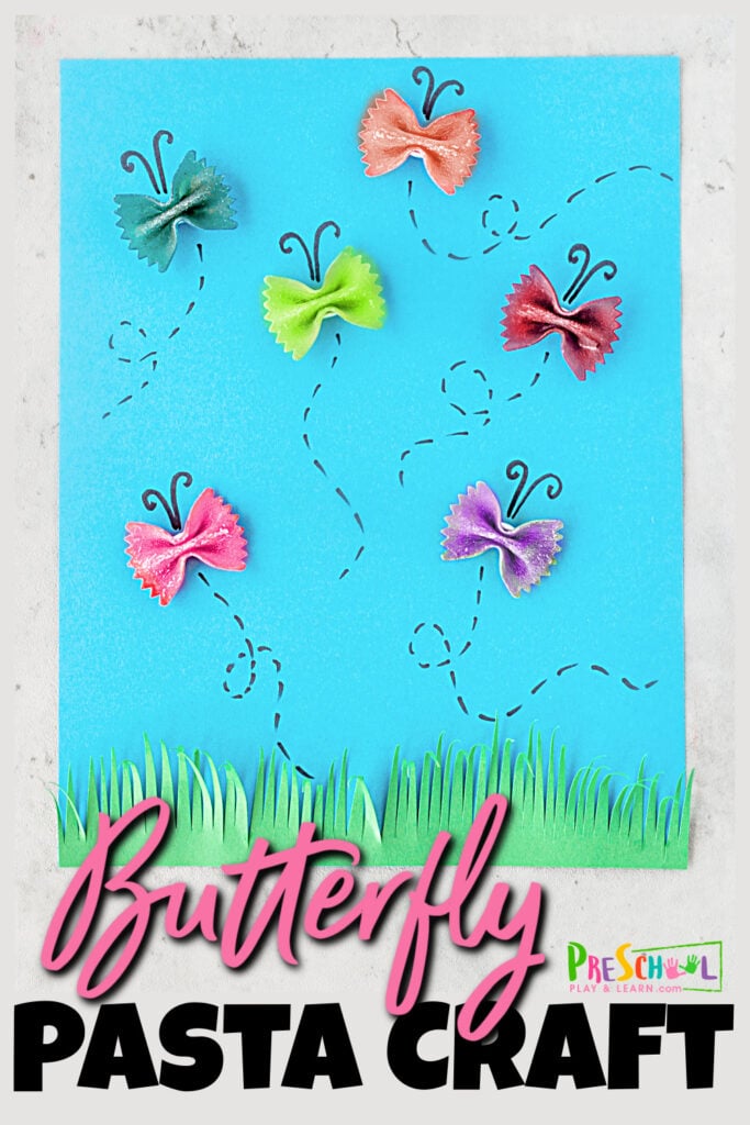 Spring is here and that means that the butterflies have returned to delight both young and old with their graceful flight and beautiful wings. Celebrate these beautiful animlas with a fun butterfly craft for kids. This simple butterfly art project uses bowtie pasta to make the butterflies. This pasta craft for preschoolers, toddlers, and kindergartners is sure to be a hit! 