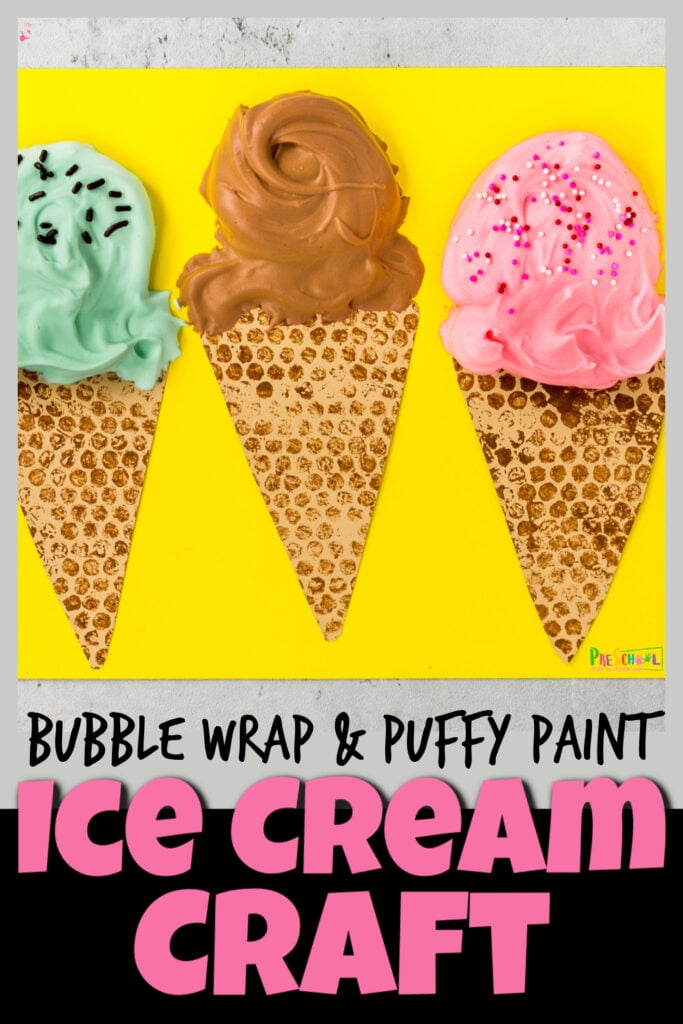 Nothing says summer like a scoop of delicious, refreshing ice cream! So today we are going to make a super cute ice cream craft that looks almost good enough to eat. You will love that this summer craft includes two kid-favorite techniques in this ice cream craft for preschoolers! Start by making a bubble wrap print to make the cone. Then whip up a batch of our puffy paint ice cream to personalize with your favorite flavor of icecream! This puffy paint craft is perfect for toddler, preschool, pre-k, kindergarten, first grade, and 2nd graders too!
