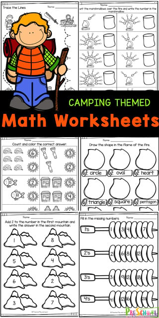 Just because its summer doesn't mean you can't sneak in some fun preschool math! These super cute math worksheets for preschoolers have a fun camping theme that will get preschool and pre-k students excited about practicing shapes, color words, counting, adidng, and more! Simply print pdf file with camping worksheets and you are ready to play and learn this summer with pre-k math worksheets. 