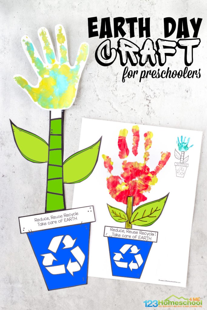Cute Earth Day craft for preschoolers that is both a handprint flower and cut and paste craft with FREE earth day printable.