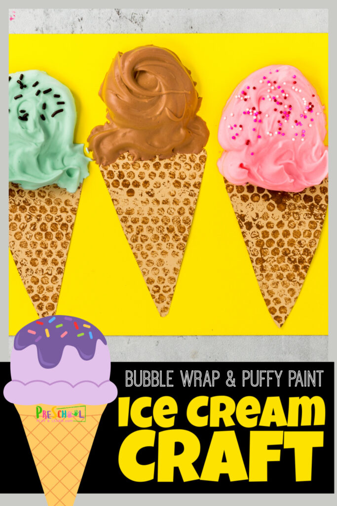 Whip up a cute ice cream craft that uses both bubble wrap prints and ice cream puffy paint for a FUN summer craft for preschoolers. 