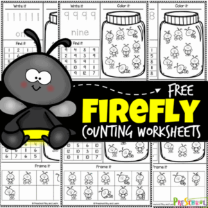 Cute Firefly Counting Worksheets feature summer lightning bugs in the FREE printable count and write worksheet pages for summer learning!