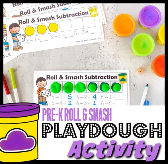 Preschoolers will be excited to work on pre-k math game that uses play dough! This playdough activity for preschoolers uses a fun subtraction activity with a fun, hands-on smash for learning how to subtract numbers from 10. This pre-k math activity is not only fun for preschool, but kindergarten age students too. Simply download pdf file with playdough mat and you are ready for a fun subtraction game.