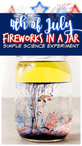 Make your own fireworks in a jar with this Independence Day Activities! For these firework activities, children will be doing an oil and water experiment with a twist to make pretty red, white and blue 4th of July science experiments. This summer experiment is such a fun, patritic 4th of July activity for toddler, preschool, pre-k, kindergarten, first grade, 2nd grade, and 3rd graders to learn about the density of oil and water.