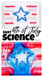 My kids love themed activities almost as much as they love candy science! This red white and blue science project combines them both for colorful, fun independence day activities that explore how things dissolve. This fourth of July science allows kids to have fun learning a simple science principle while having some fun with 4th of July activities for toddler, preschool, pre-k, kindergarten, first grade, and 2nd graders.