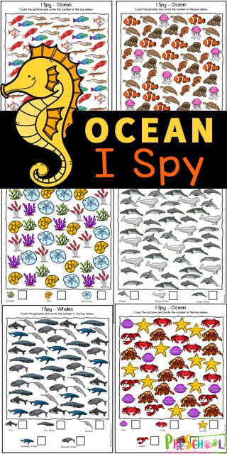 Work on visual discrimination skills, counting, and more with I spy worksheets. This set of I spy printables dives under the sea to help children look for some beautiful ocean animals. This i spy ocean animals is perfect for preschool, pre-k, kindergarten, first grade, and even 2nd graders too. Not only will children learn about animals and plants that live in the ocean with this FUN Ocean I Spy, but will work on their counting skills to. Simply print Ocean Worksheets and you are ready to play and learn!