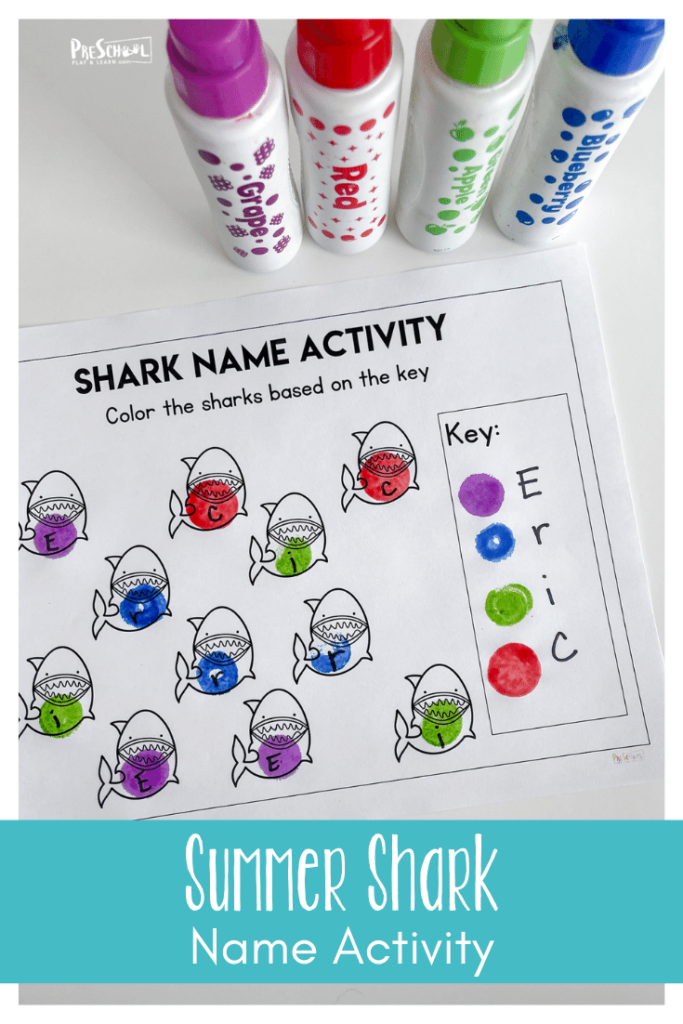 Looking for a fun, engaging Preschool Name Activity? There are lots of fun name games for preschoolers, but sometimes you just want a quick and easy name recognition worksheet! This name recognition preschool activity uses a shark theme to keep pre-k and kindergarten age kids interested while learning letters that spell their name. Simply print pdf file with name recognition activities for preschool and you are ready to play and learn!
