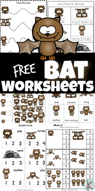 Learn some intersting facts about bats for kids with these free printable bat worksheets. These bat worksheets for kindergarten, preschool, pre-k, and grade include a variety of math and literacy skills while learning about the life cycle of a Bat.  These bat life cycles worksheets are great for Halloween, nocturnal animals study, animal theme, farm animals study, and more. Simply print pdf file with bat printables and you are ready to play and learn about these helpful animals that eat insects!