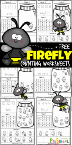Have fun with these exciting new and no-prep Firefly Counting Worksheets. These lightning bug count and write worksheet pages are great for strengthening hand muscles, counting to ten, tracing numbers, and handwriting skills for young children. Use these cute summer counting worksheets with preschool, pre-k, and kindergarten age children. Simply download pdf file with number worksheets for preschool  and you are ready to sneak in some fun summer learning!