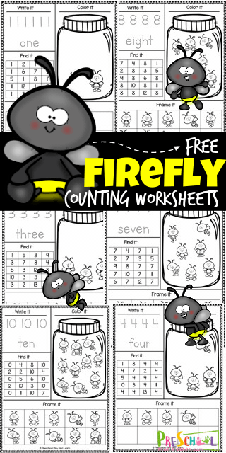 Have fun with these exciting new and no-prep Firefly Counting Worksheets. These lightning bug count and write worksheet pages are great for strengthening hand muscles, counting to ten, tracing numbers, and handwriting skills for young children. Use these cute summer counting worksheets with preschool, pre-k, and kindergarten age children. Simply print pdf file with number worksheets for preschool  and you are ready to sneak in some fun summer learning!