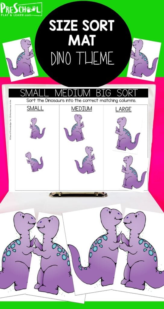 This super cute, free dinosaur printables allows toddler, preschool, pre-k, and kinderagrten age children work on big and small activitieswhile having fun. This sorting activities for preschoolers has children work on size discrimination while soring cute purple dinos. Simply print big and small sorting activities and you are ready to play and learn!