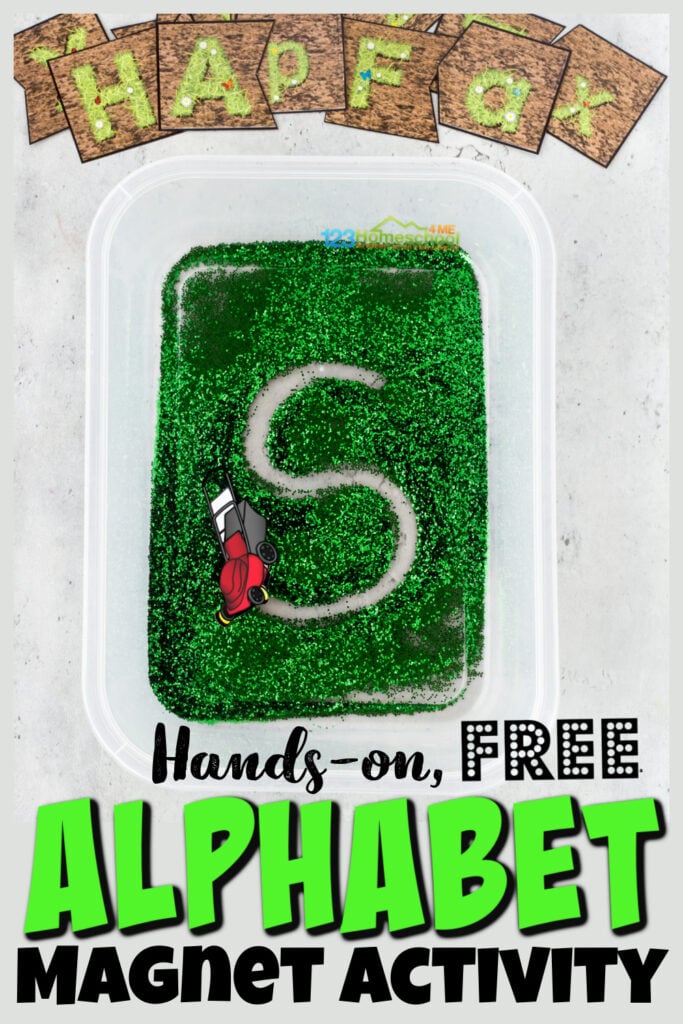 This mow the grass activity is outrageously fun as it combines a magnet activity for preschool, pre-k, and kindergarten age students with practice forming alphabet letters! This clever alphabet activity for preschoolers is great for practicing forming both upper and lowercase letters in a hands-on tactile way perfect for spring or summer. 