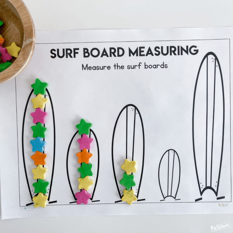 FREE Printable Surfboard Preschool Measuring Activity for Summer