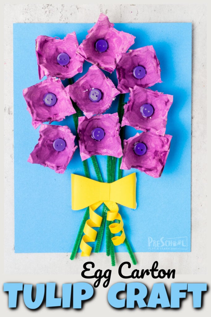 Make a beautiful spring tulip craft while recycling an old egg cartoon in this fun flower craft for kids. This tulip craft for kids is fun for all ages from preschool, pre-k, kindergarten, first grade, 2nd grade, 3rd grade, and up.  This is such a fun tulip craft idea to make a pretty bouquet of tulips for a mother's day craft or simply a flower craft for a spring craft for kids or flower theme.