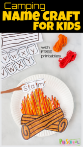 This super cute camping craft doubles as a fun name craft to help kids learn to recognize their name! This paper plate camp fire preschool name craft is sure to be a hit with pre-k and kindergarten age students who are learning their names. Use this name craft for kids in your camping theme or as a summer camping activity for kids.
