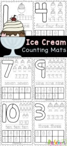Help kids learn to make their numbers with these super cute, summer themed, playdough number mats. These ice cream printables help children practice making numerals, tracing numbers, learning number words, and more! This ice cream worksheets preschool are prefect for pre-k, kindergarten, and toddler age children. This ice cream activity is a great hands-on learning activity for kids to do at home, for busy bags, or in the car during a family road trip. Simply print ice cream math activity and you are ready to play and learn!