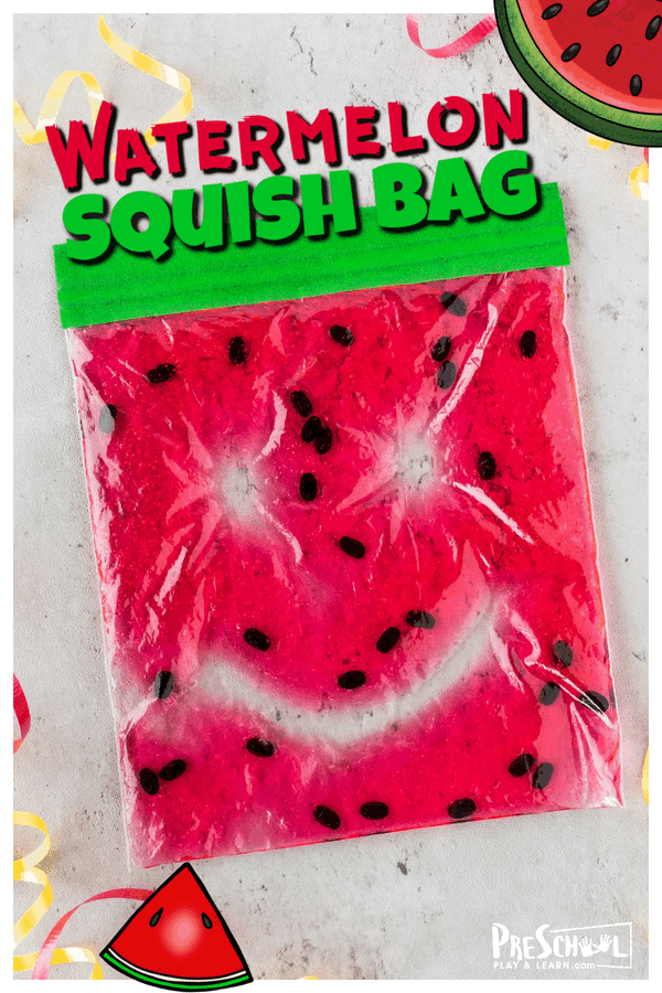Looking for a quick, easy, and fun watermelon activities for preschoolers? This watermelon squish bag is a fun watermelon activity for children to use as a summer activity or along with a watermelon theme. This NO MESS activity allows toddler, preschool, pre-k, kindergarten, and first graders to draw, write letters, or squish the watermelon looking sensory bag. So simple, but so fun!