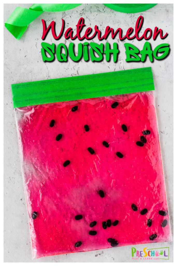 Looking for a quick, easy, and fun watermelon activities for preschoolers? This watermelon squish bag is a fun watermelon activity for children to use as a summer activity or along with a watermelon theme. This NO MESS activity allows toddler, preschool, pre-k, kindergarten, and first graders to draw, write letters, or squish the watermelon looking sensory bag. So simple, but so fun!