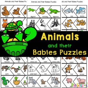 Learn about animals with their babies names with this animal printable puzzles! Simply print to play and learn about moms and children.