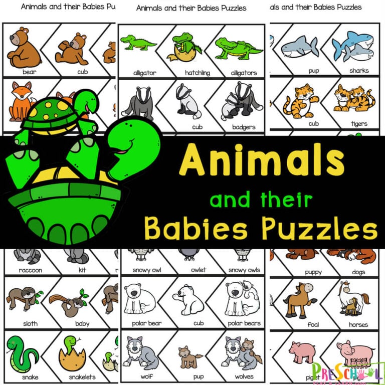 Animals with their Babies Names Printable Puzzle Activity for Kids